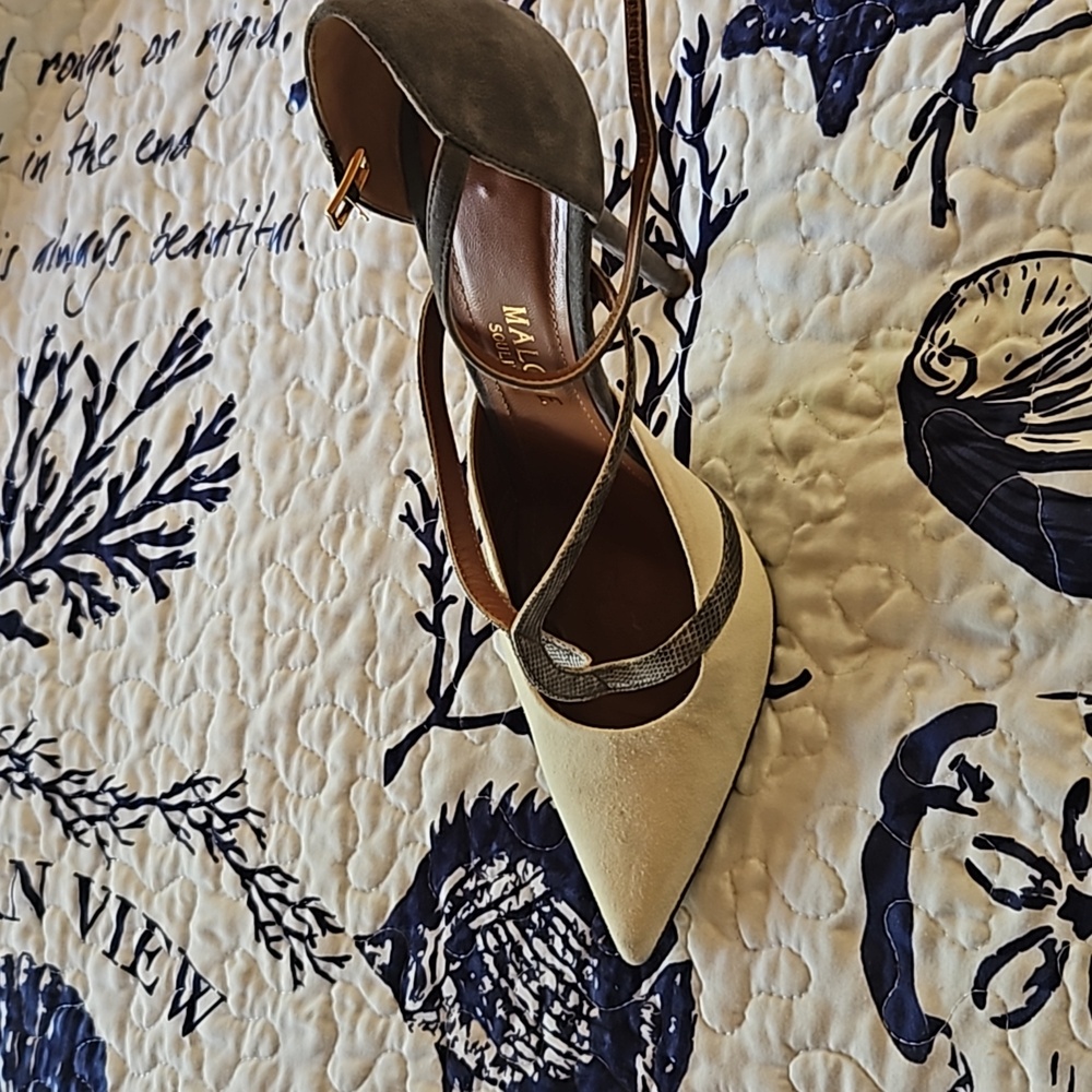 MALONE SOULIERS Veronica Suede Ankle-Strap Pump, Ivory/Gray, Sz 40 1/2